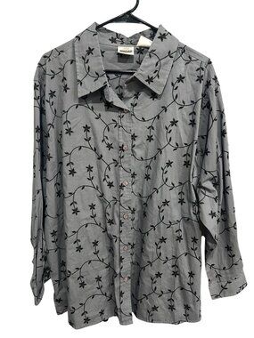TR Bentley Plus 22W Gray Floral Embroidered Button Up Shirt Cottagecore Boho NWT